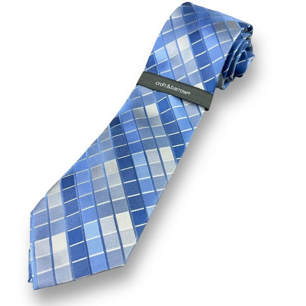 Croft‎ & Barrow Blue Silver 100% Silk Stain Resistant Neck Tie Geometrical Print